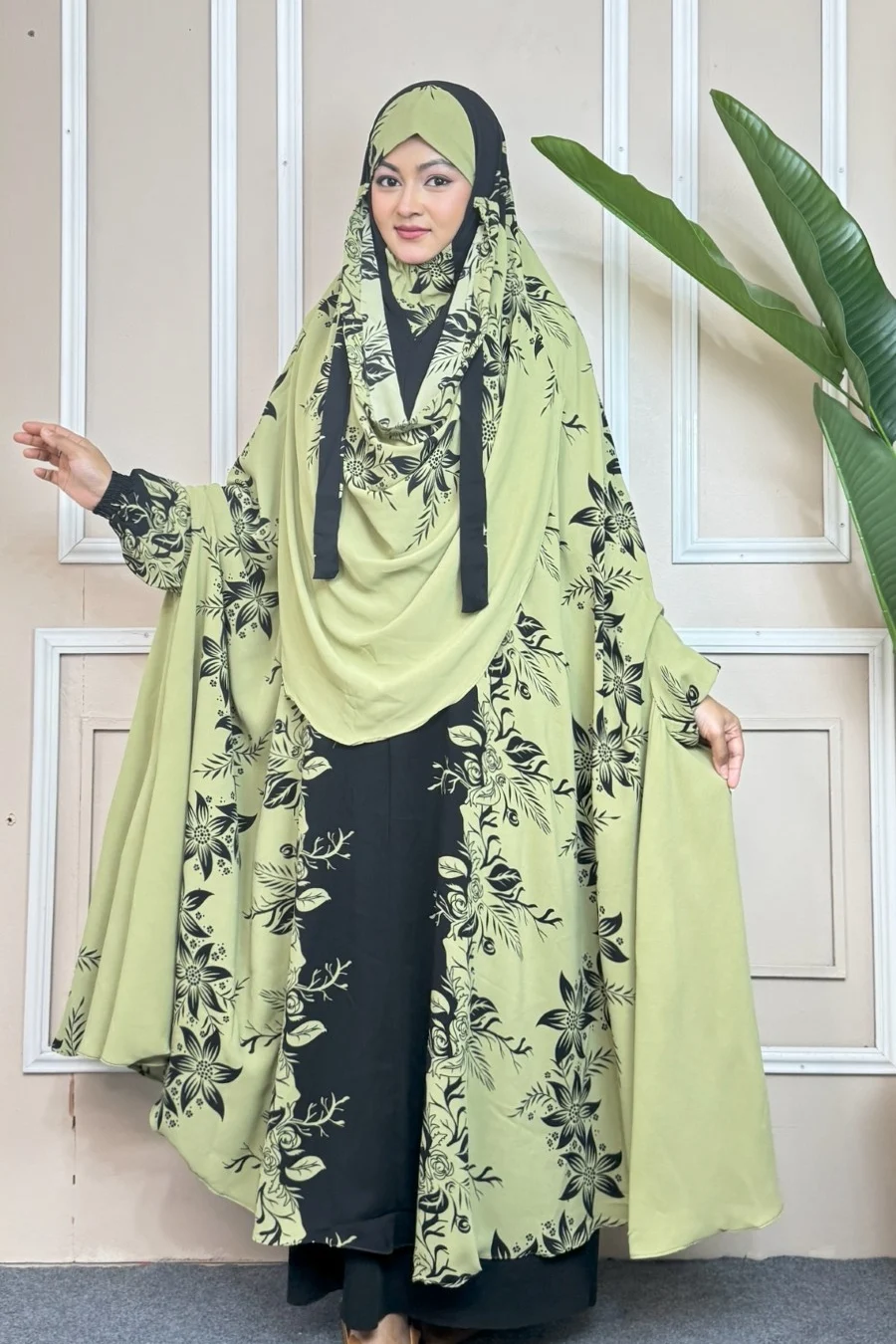 Luxury Semi-Long Khimar — Olive Floral