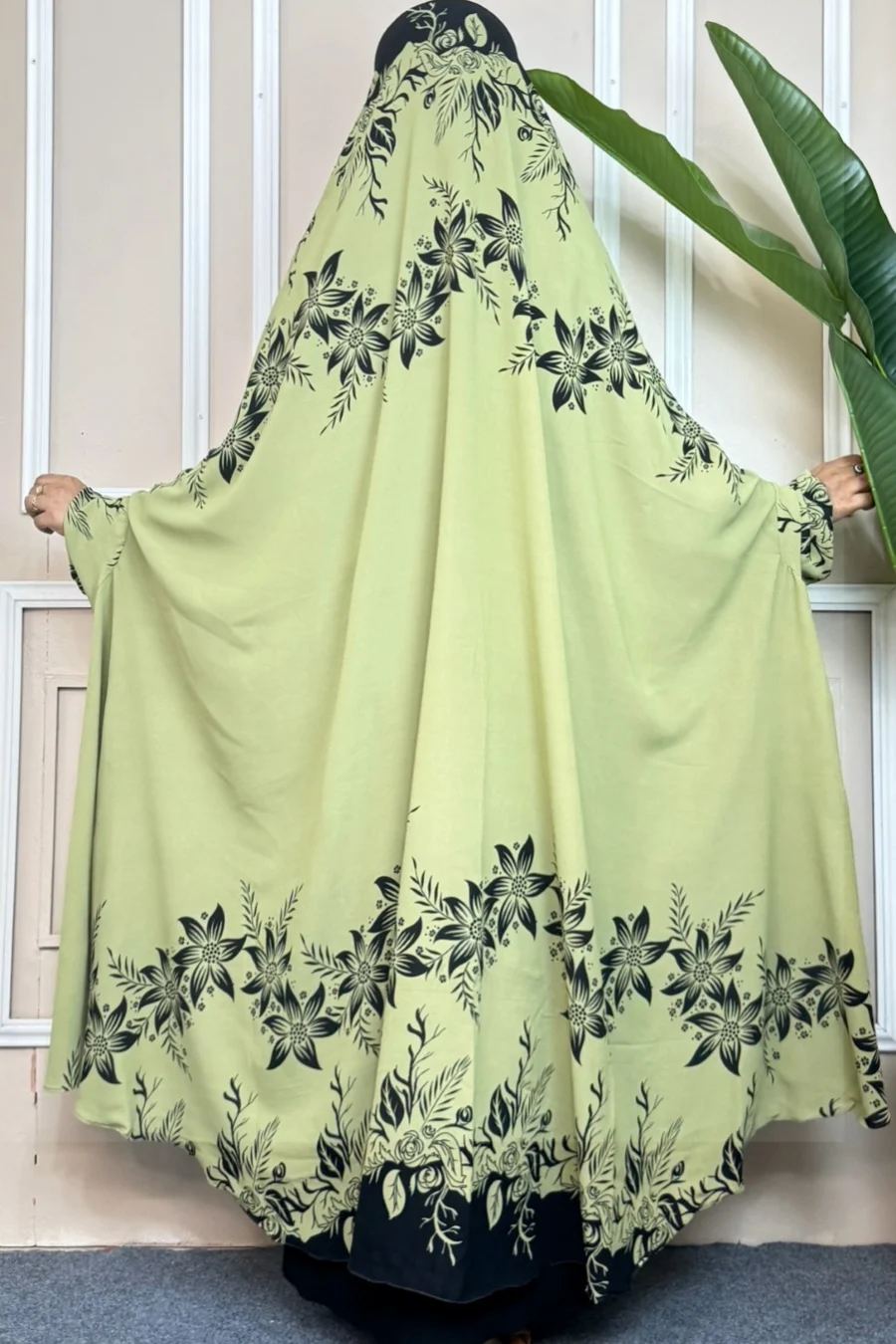 Luxury Semi-Long Khimar — Olive Floral