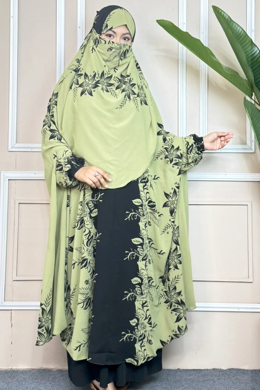 Luxury Semi-Long Khimar — Olive Floral