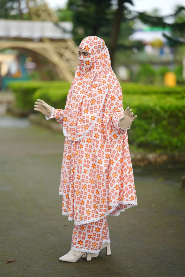 Premium Khimar Set — Orange Geometric