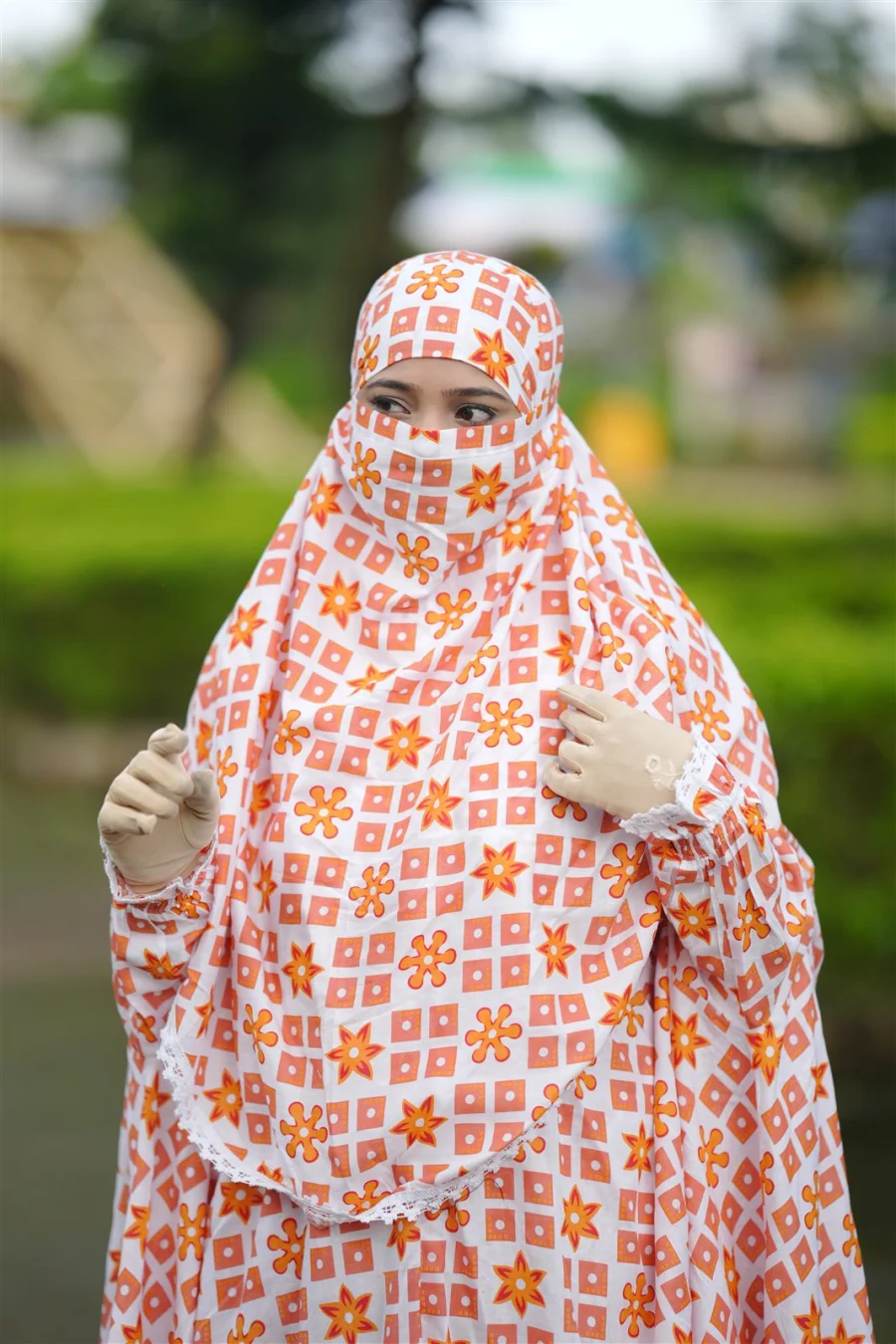 Premium Khimar Set — Orange Geometric