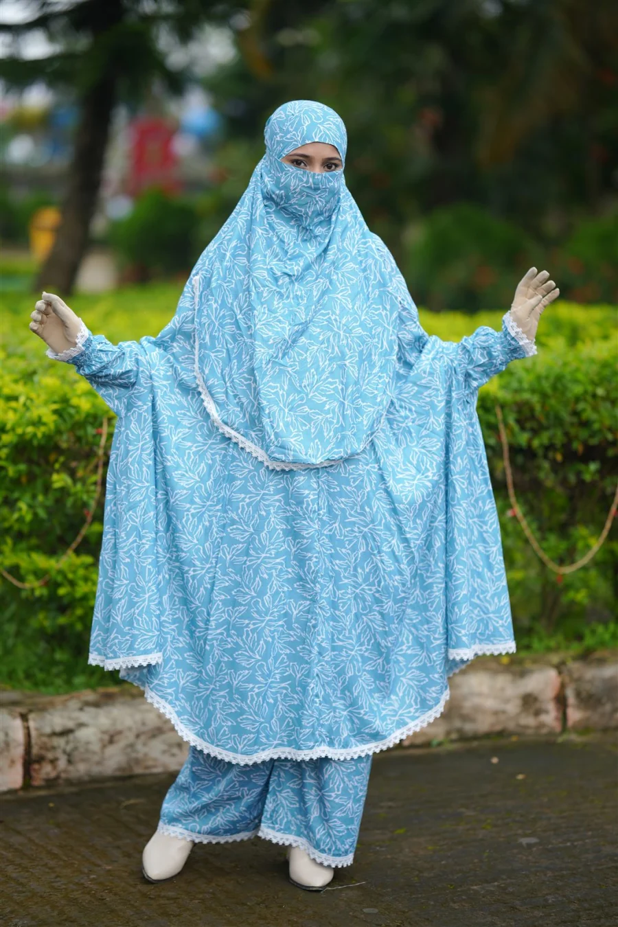 Premium Khimar Set — Sky Blue Leaf