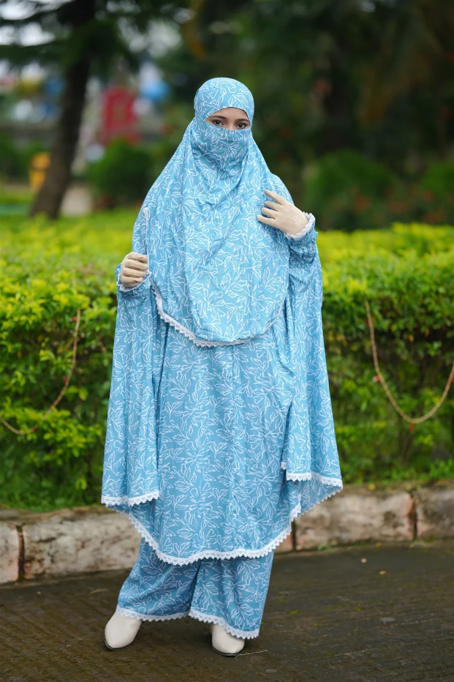 Premium Khimar Set — Sky Blue Leaf